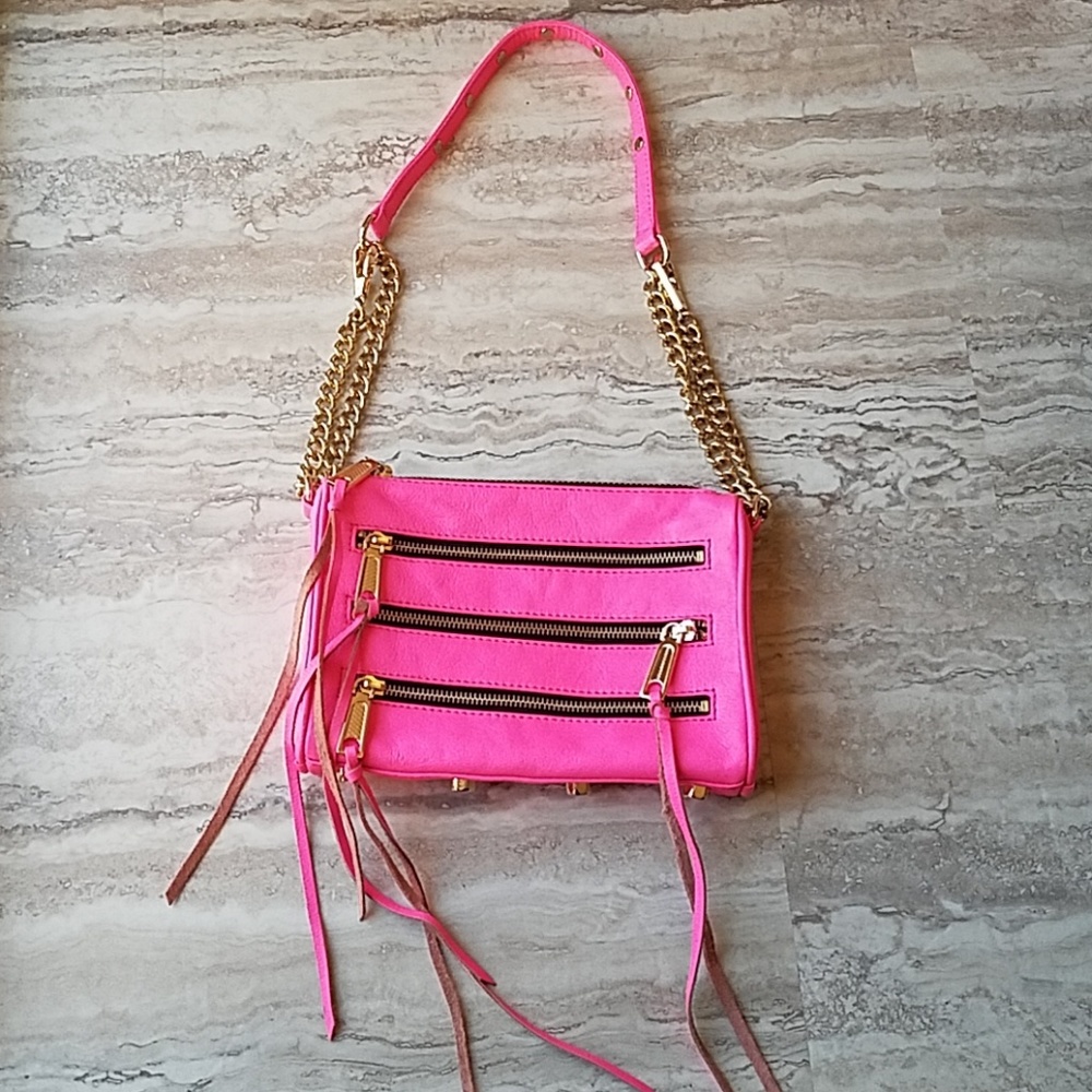 Rebecca Minkoff Neon Pink 5 zip purse adj strap